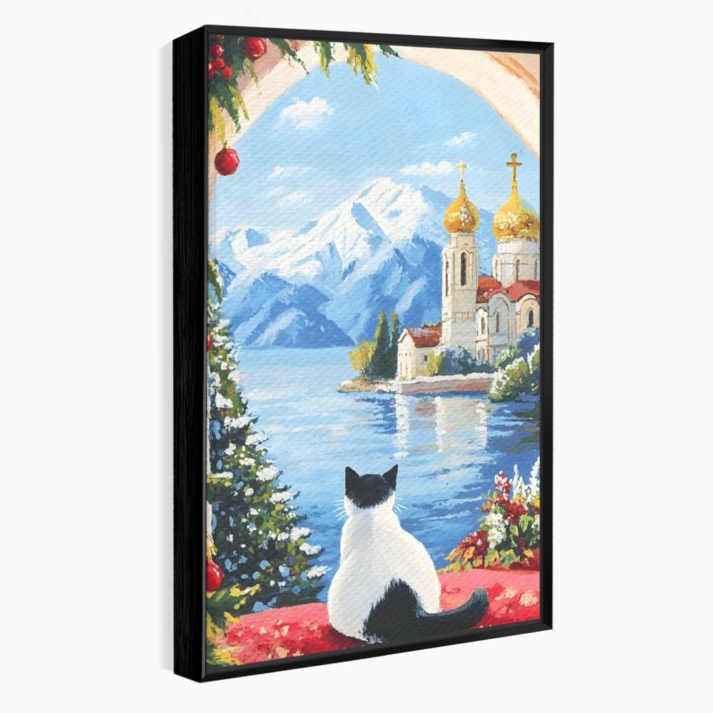 Tablou canvas cu tablou canvas cu pisica privind spre munte, in rama de aluminiu negru